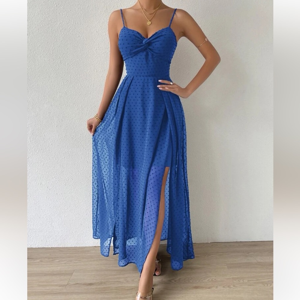 Blue backless tie front maxi dress